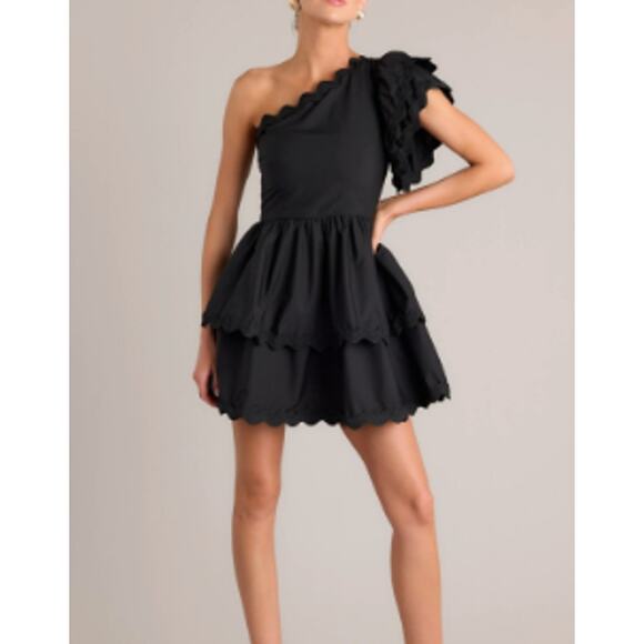 Entro Black One Shoulder Scallop Tiered Mini Dress Romper S Party Fit and Flare - Picture 2 of 13